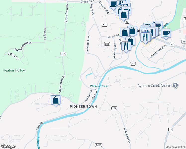 map of restaurants, bars, coffee shops, grocery stores, and more near 110 River Road Circle in Wimberley