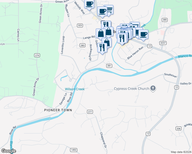 map of restaurants, bars, coffee shops, grocery stores, and more near 841 South River in Wimberley