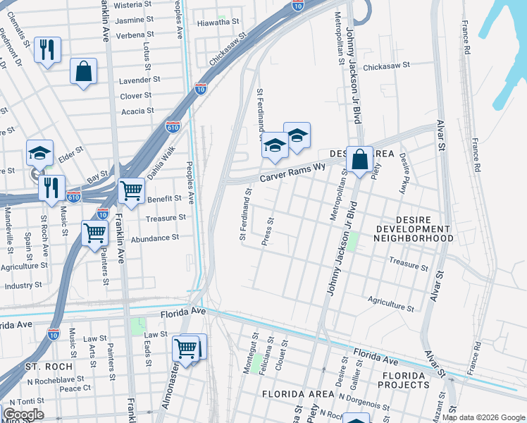 map of restaurants, bars, coffee shops, grocery stores, and more near 2926 Benefit Street in New Orleans
