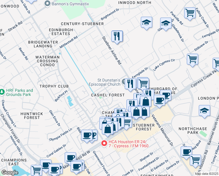 map of restaurants, bars, coffee shops, grocery stores, and more near 4654 Cashel Glen Drive in Houston