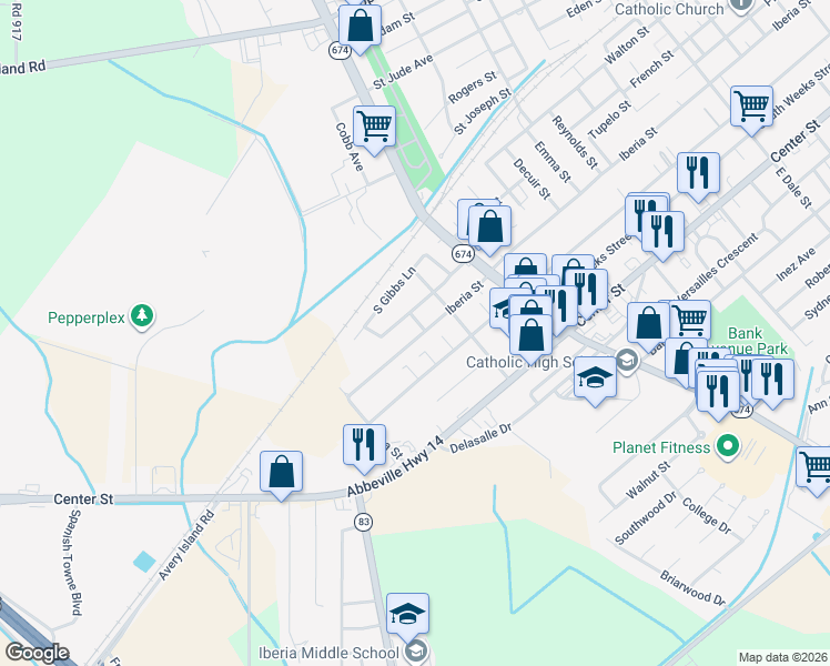 map of restaurants, bars, coffee shops, grocery stores, and more near 1702 Iberia Street in New Iberia