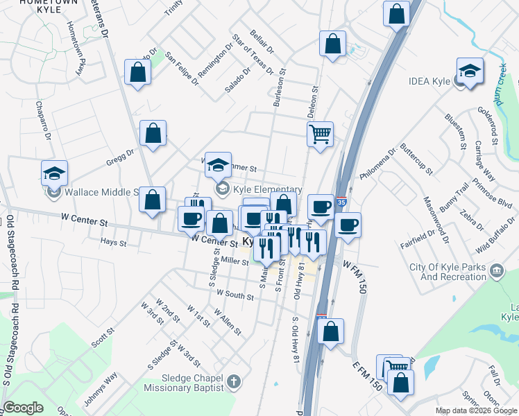 map of restaurants, bars, coffee shops, grocery stores, and more near 207 Austin Street in Kyle