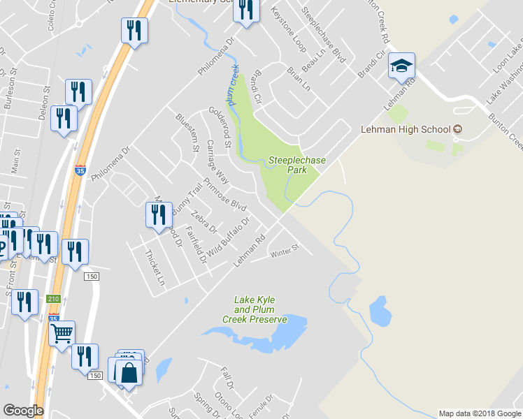 map of restaurants, bars, coffee shops, grocery stores, and more near 940 Goldenrod Street in Kyle