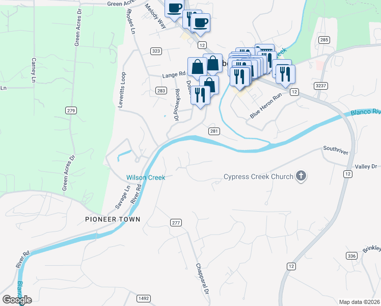 map of restaurants, bars, coffee shops, grocery stores, and more near 841 Southriver in Wimberley