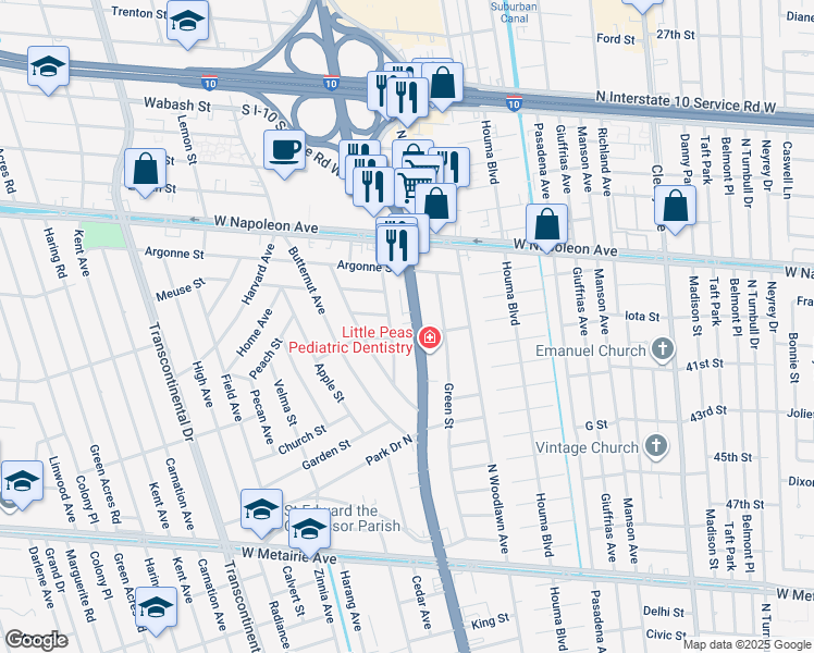 map of restaurants, bars, coffee shops, grocery stores, and more near 1804 Clearview Parkway in Metairie