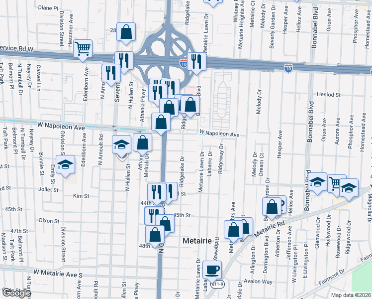 map of restaurants, bars, coffee shops, grocery stores, and more near 3109 39th Street in Metairie