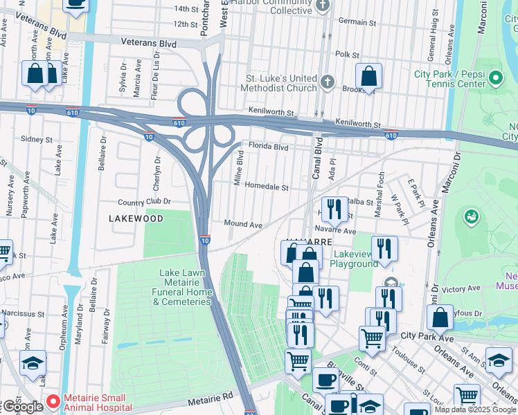 map of restaurants, bars, coffee shops, grocery stores, and more near 5562 Woodlawn Place in New Orleans