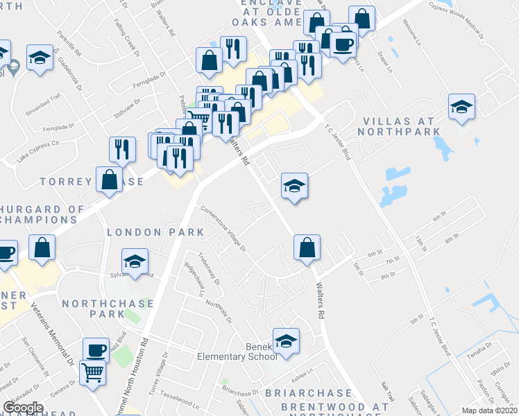 map of restaurants, bars, coffee shops, grocery stores, and more near in Houston