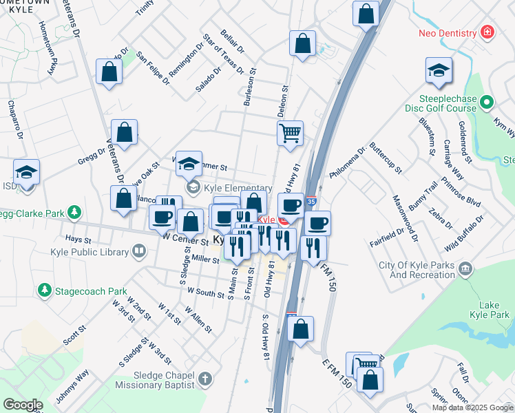 map of restaurants, bars, coffee shops, grocery stores, and more near 313 North Front Street in Kyle