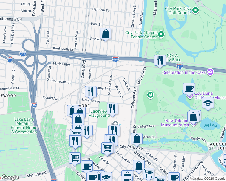 map of restaurants, bars, coffee shops, grocery stores, and more near 914 Pontalba Street in New Orleans