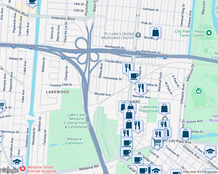 map of restaurants, bars, coffee shops, grocery stores, and more near 5562 Woodlawn Place in New Orleans