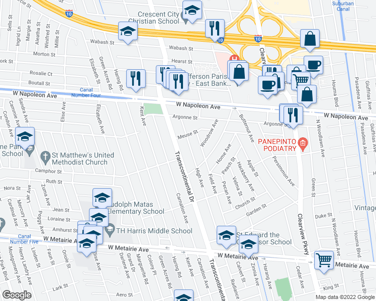 map of restaurants, bars, coffee shops, grocery stores, and more near 1708 High Avenue in Metairie