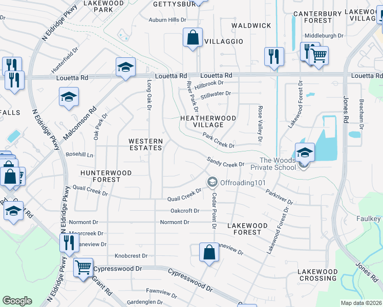 map of restaurants, bars, coffee shops, grocery stores, and more near 14911 Sandy Creek Drive in Houston
