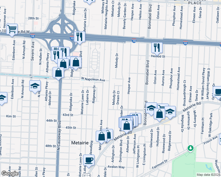 map of restaurants, bars, coffee shops, grocery stores, and more near 186 Metairie Court in Metairie