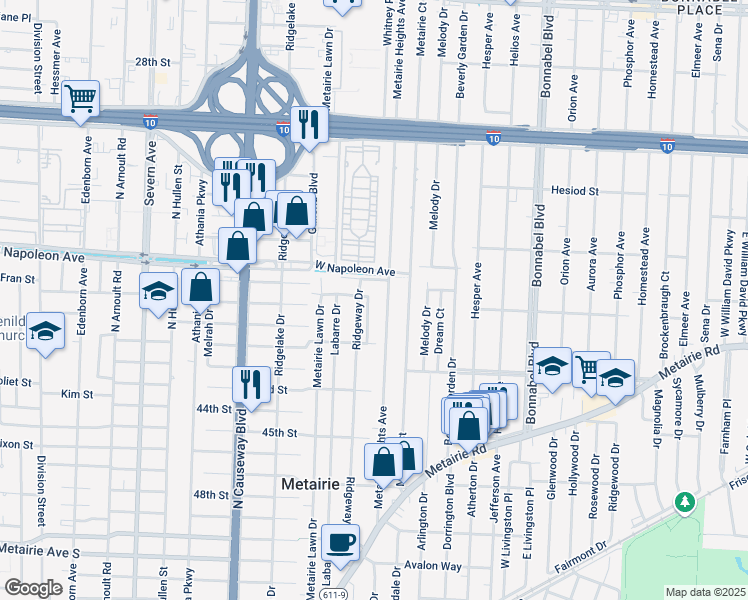 map of restaurants, bars, coffee shops, grocery stores, and more near 545 Shirmaine Lane in Metairie