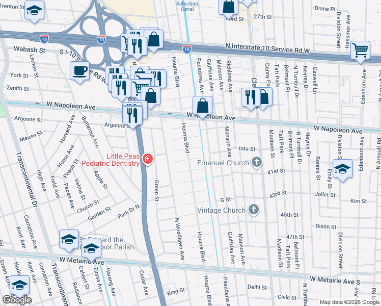 map of restaurants, bars, coffee shops, grocery stores, and more near 1913 Houma Boulevard in Metairie