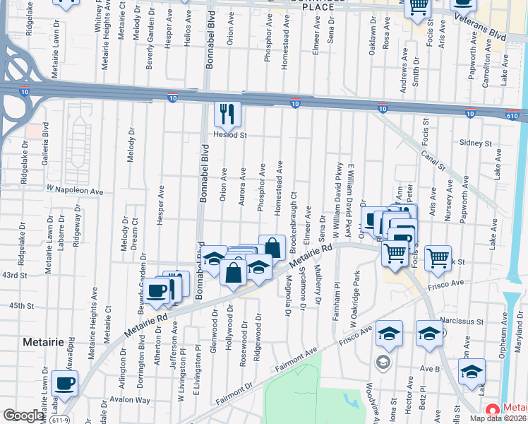 map of restaurants, bars, coffee shops, grocery stores, and more near 315 Phosphor Avenue in Metairie
