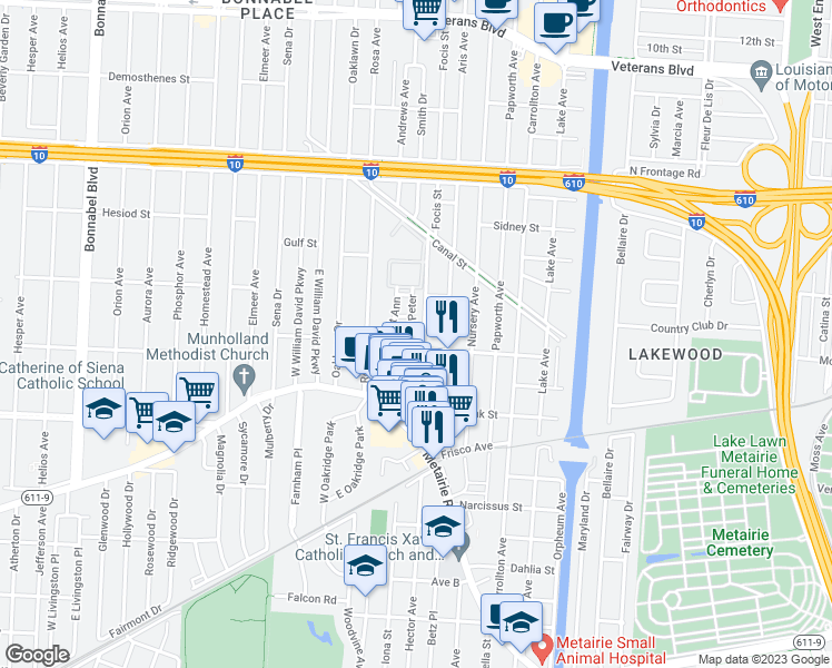 map of restaurants, bars, coffee shops, grocery stores, and more near 302 Rue Saint Peter in Metairie