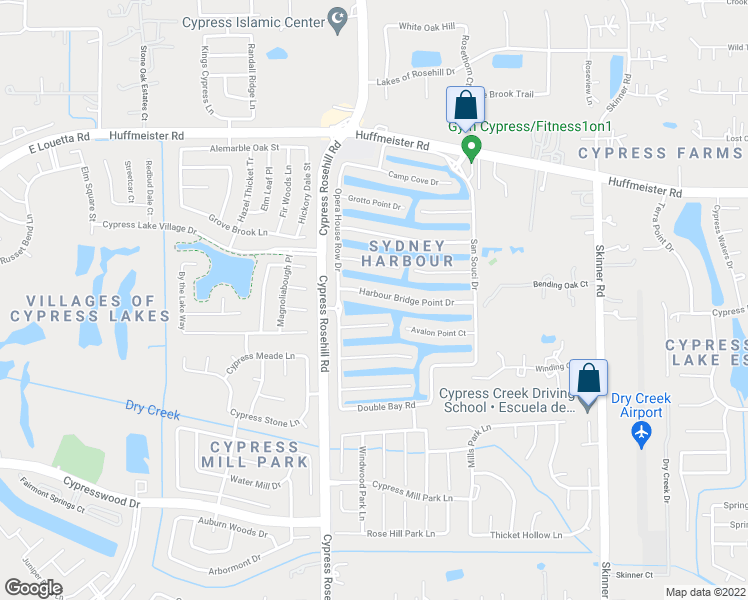 map of restaurants, bars, coffee shops, grocery stores, and more near 18027 Harbour Bridge Point Drive in Cypress