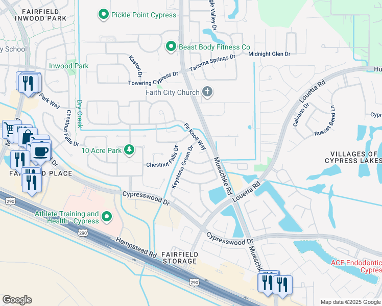 map of restaurants, bars, coffee shops, grocery stores, and more near 14714 Keystone Green Drive in Cypress