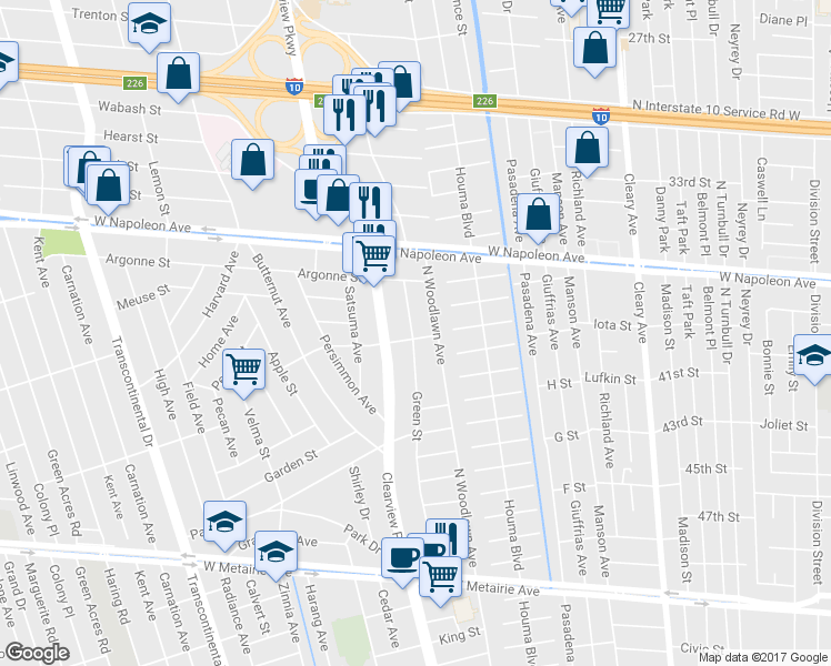 map of restaurants, bars, coffee shops, grocery stores, and more near 4409 Windsor Street in Metairie