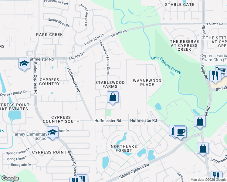 map of restaurants, bars, coffee shops, grocery stores, and more near 16023 Rustlers Trail Lane in Cypress