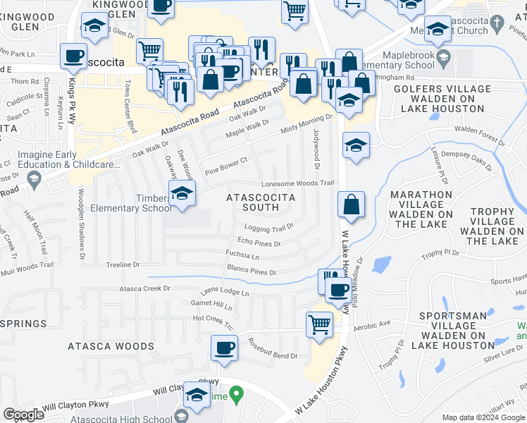 map of restaurants, bars, coffee shops, grocery stores, and more near 7307 Thicket Trail Drive in Humble