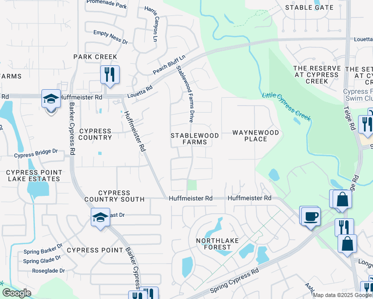 map of restaurants, bars, coffee shops, grocery stores, and more near 16115 Dusty Path Lane in Cypress