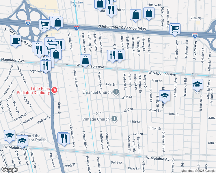 map of restaurants, bars, coffee shops, grocery stores, and more near 1917 Richland Avenue in Metairie