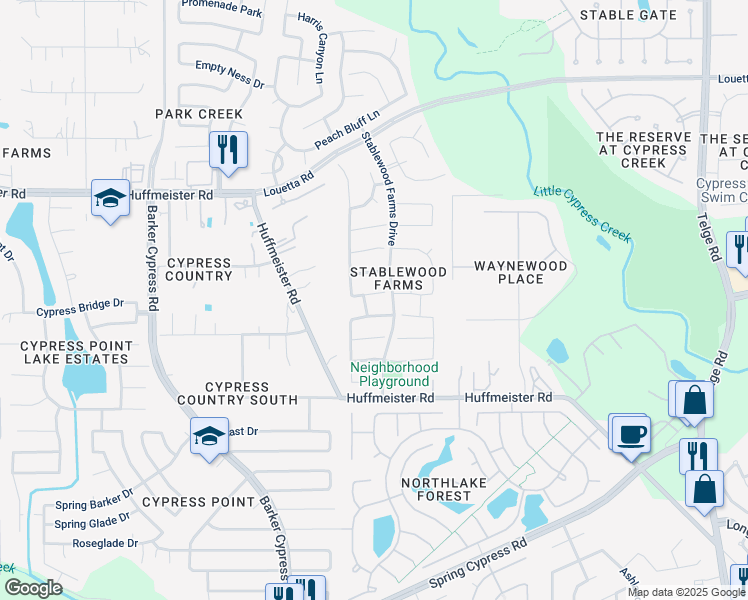 map of restaurants, bars, coffee shops, grocery stores, and more near 16115 Dusty Path Lane in Cypress