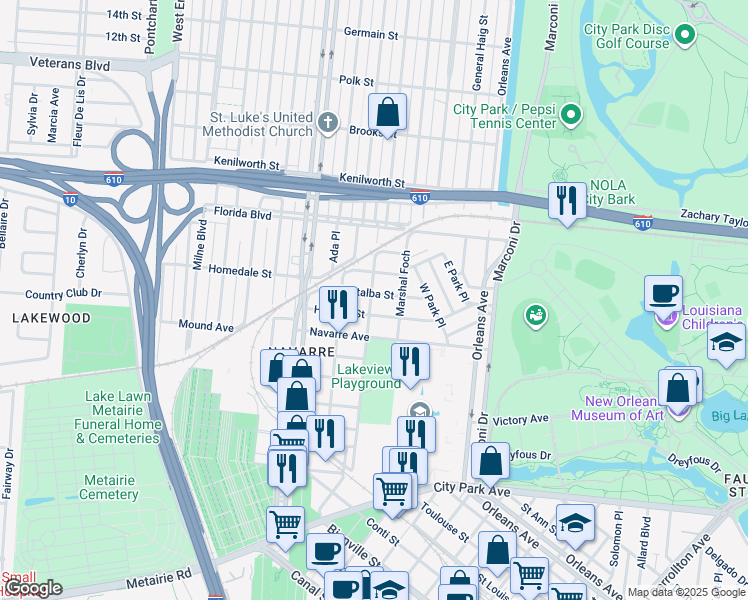 map of restaurants, bars, coffee shops, grocery stores, and more near 850 Pontalba Street in New Orleans