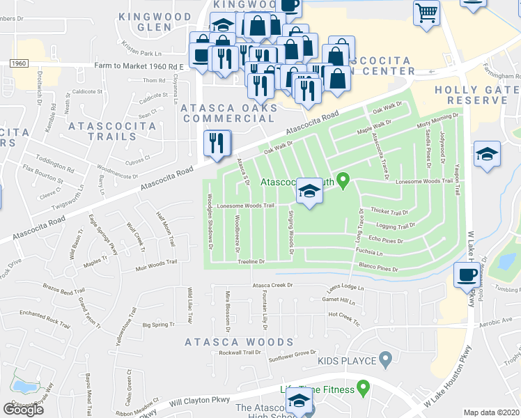 map of restaurants, bars, coffee shops, grocery stores, and more near 18823 Summer Anne Drive in Humble
