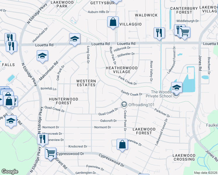 map of restaurants, bars, coffee shops, grocery stores, and more near 14911 Sandy Creek Drive in Houston