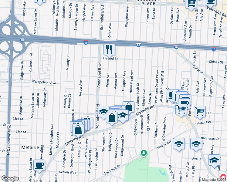 map of restaurants, bars, coffee shops, grocery stores, and more near 324 Aurora Avenue in Metairie