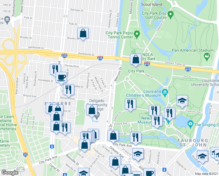 map of restaurants, bars, coffee shops, grocery stores, and more near 115 Central Park Place in New Orleans