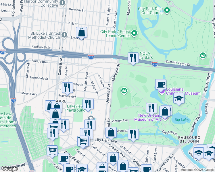 map of restaurants, bars, coffee shops, grocery stores, and more near 115 Central Park Place in New Orleans