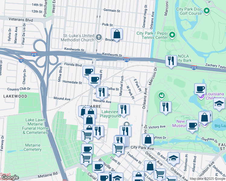 map of restaurants, bars, coffee shops, grocery stores, and more near 850 Pontalba Street in New Orleans