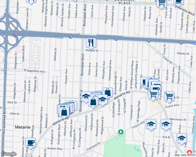 map of restaurants, bars, coffee shops, grocery stores, and more near 324 Aurora Avenue in Metairie