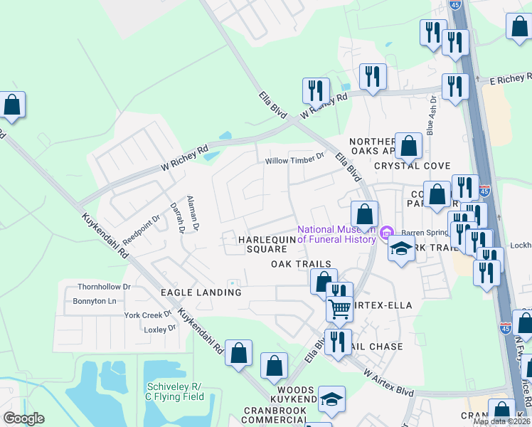 map of restaurants, bars, coffee shops, grocery stores, and more near 831 Darbydale Crossing Lane in Houston