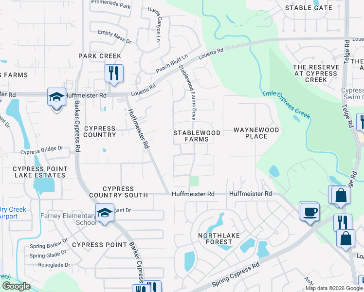 map of restaurants, bars, coffee shops, grocery stores, and more near 16119 Bridle Run Lane in Cypress