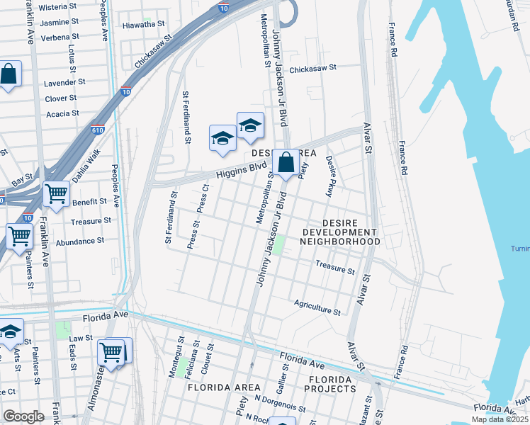 map of restaurants, bars, coffee shops, grocery stores, and more near 3245 Metropolitan Street in New Orleans