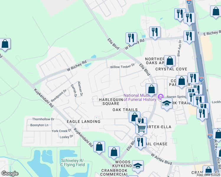 map of restaurants, bars, coffee shops, grocery stores, and more near 831 Darbydale Crossing Lane in Houston