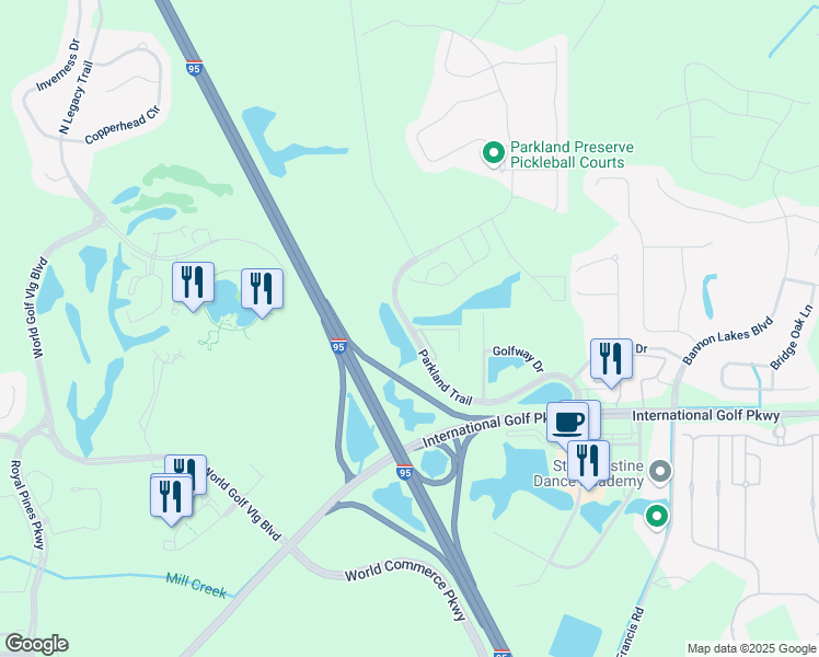 map of restaurants, bars, coffee shops, grocery stores, and more near 399 Parkland Trail in St. Augustine