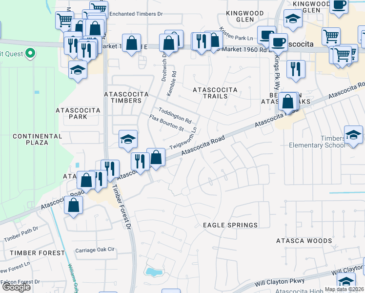 map of restaurants, bars, coffee shops, grocery stores, and more near 18710 Twigsworth Lane in Humble