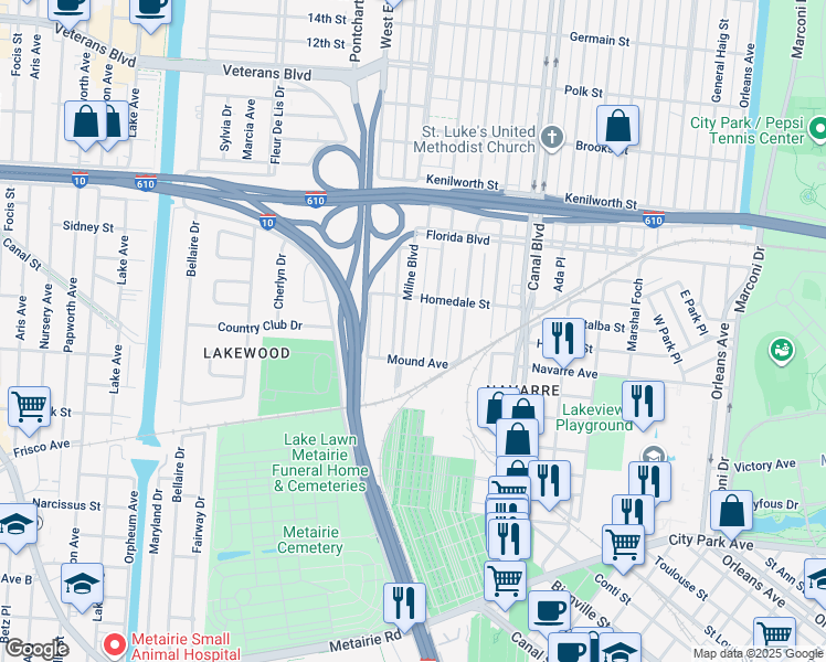 map of restaurants, bars, coffee shops, grocery stores, and more near 5523 Milne Boulevard in New Orleans