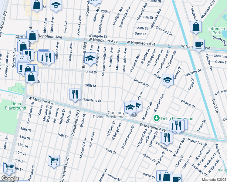 map of restaurants, bars, coffee shops, grocery stores, and more near 500 Minnesota Avenue in Kenner