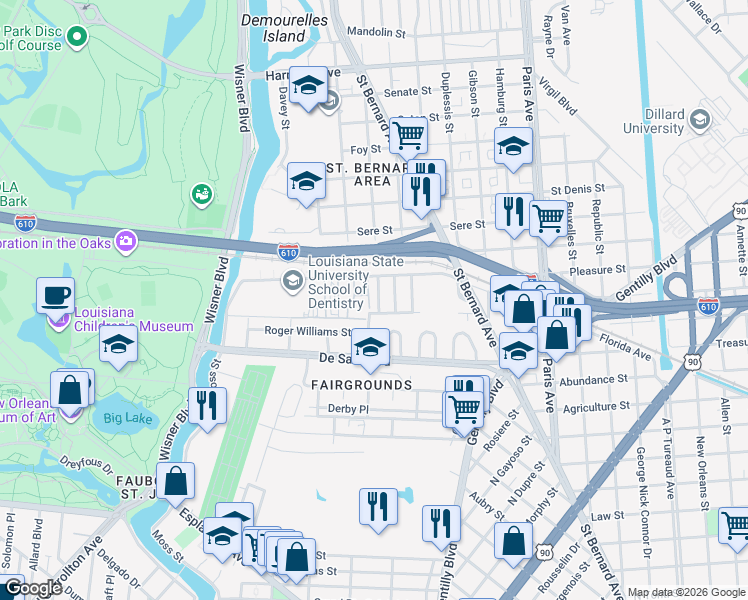 map of restaurants, bars, coffee shops, grocery stores, and more near 108 Wilshire Place in New Orleans