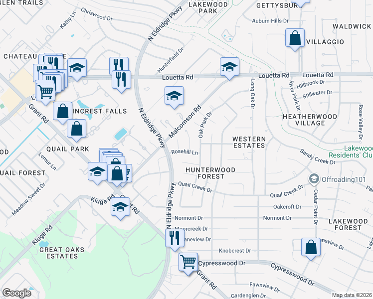 map of restaurants, bars, coffee shops, grocery stores, and more near 14903 Rain Shadow Court in Houston