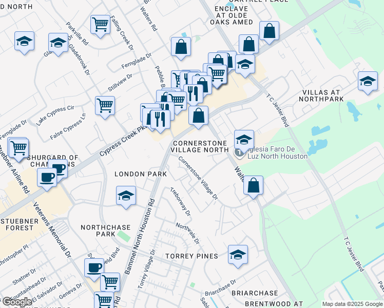 map of restaurants, bars, coffee shops, grocery stores, and more near 14522 Cornerstone Village Drive in Houston