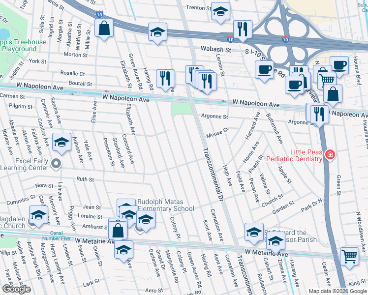 map of restaurants, bars, coffee shops, grocery stores, and more near 1713 Kent Avenue in Metairie